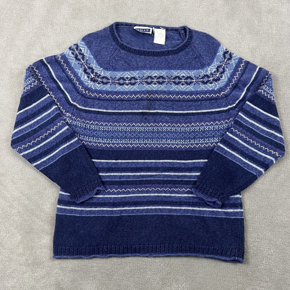 Erika & Co Sweater Womens L Blue Fair Isle Striped Knit Crewneck Vintage 90s Y2K